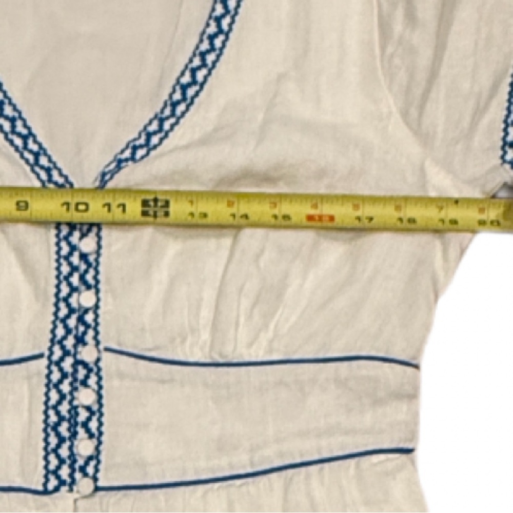 J.Crew White 100% Linen Embroidered Midi Dress Blue Ric Rac Button Front Size 12 - Picture 7 of 11